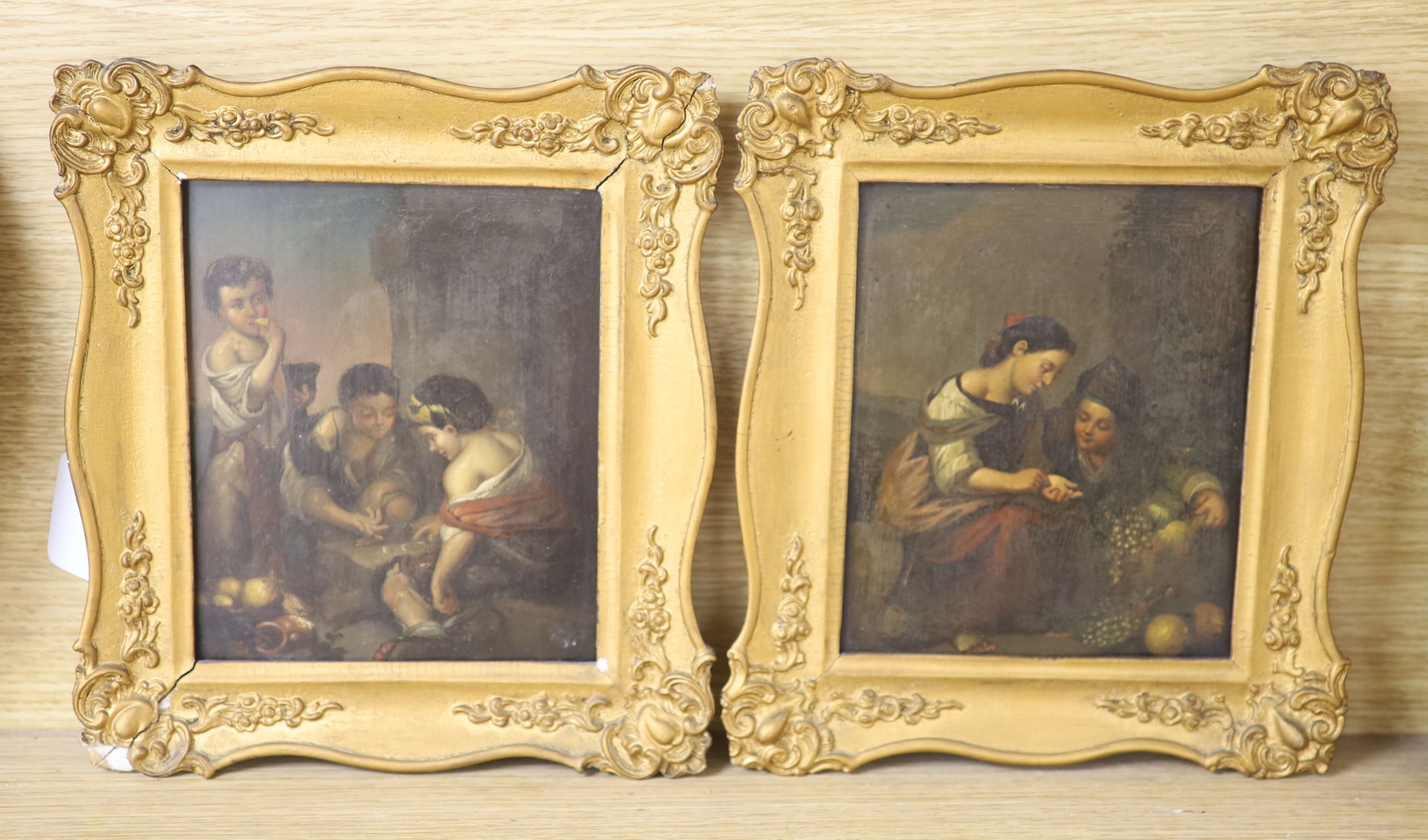 19th century German School, After Murillo, pair of oils on zinc, Children playing dice and telling a fortune, 19 x 16cm